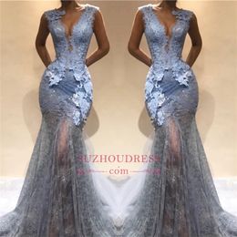 Blue Mermaid Prom Evening Dress Sexy Sheer Lace Appliqued Formal Party Gown Appliqued C Neck Celebrity Dresses Custom Made