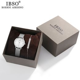IBSO Women's Watches Set 8mm Ultra thin Silver Mesh Stainless Steel Strap Quartz Clock Hours Sets Ladies Birthday Gift 201114