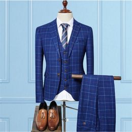 (Jacket+Vest+Pants) High Quality Men Suits Fashion Grid Stripe Men's Slim Fit Business Wedding Suit Men Groom Bestman Suit 201106