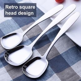 Portable Thicken Stainless Steel Flat Suqare Head Soup Spoon Kitchen Tableware