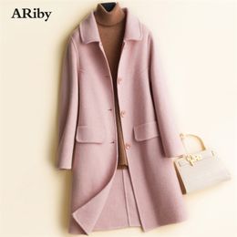 ARiby High-quality Double-sided Cashmere Coat Women's Long Woollen Coat New 100% Pure Wool Twill Thickened Lapel Jacket Coat LJ201202