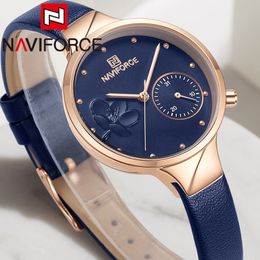 NAVIFORCE Fashion Women Watch Top Brand Luxury Blue Gold Ladies Wristwatch Genuine Leather Bracelet Classic Female Clock 5001 201114