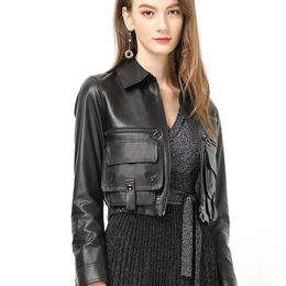 Lautaro Black crop leather jacket women zipper long sleeve Designer cropped jacket Plus size fashion clothes for women 6xl 7xl 210201