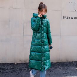 Long Slim Stand Collar Glossy Down Parka Jacket Coat Fashion Winte Jacket Women Warm Hooded Parka Outerwear Female 201212