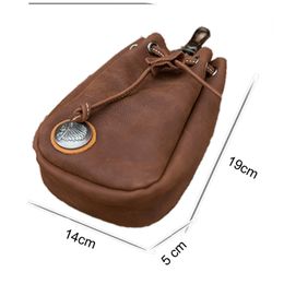 Handmade Retro First Layer Cowhide Leather Pouch Bag Small Pocket Men's Drawstring Mobile Phone Bag Wallet