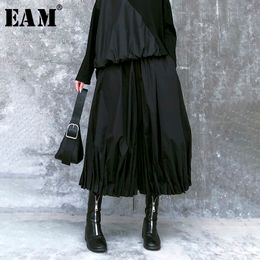 [EAM] High Elastic Waist Black Pleated Split Wide Leg Trousers New Loose Fit Pants Women Fashion Tide Spring Autumn 1R456 201118