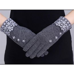 Fashion Elegant Womens Touch Screen Gloves Winter Ladies Lace Warm Cashmere Bow Full Finger Mittens Wrist Guantes Gift