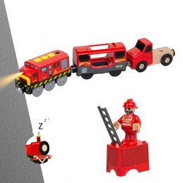 Firefighting Electric Train Toys Set Train Diecast Slot Toy Fit for Standard Wooden Train Track Railway Y1201
