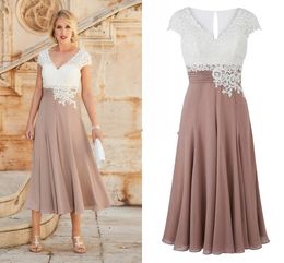 Real Image Lace Chiffon Mother Of The Bride Dresses V Neck Cap Sleeves Tea Length Flowy Mother Prom Dresses Wedding Guest Dress