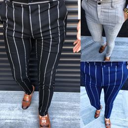 -Pantalones de vestir rayados de negocios formales para hombre Slim Fit Casual Pantalones largos