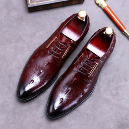 New Pattern Crocodile Winter Genuine Leather Men British Trendy Business Dress Shoes Pointed Lace Up Oxfords