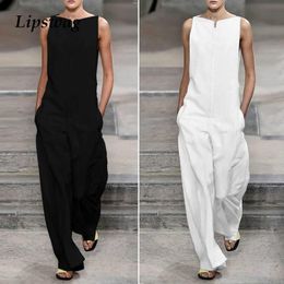 Lipswag Women Elegant Solid Loose Jumpsuit Summer Fashion Sleeveless Jumpsuit Rompers Ladies Sreetwear Pockets Overalls Playsuit T200107