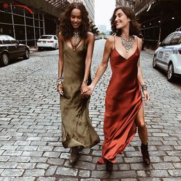 InstaHot Sexy Satin V Neck Maxi Dress Women Spaghetti Strap Sleeveless Backless Side Split Long Dresses 2019 Spring Lady Vestido Y0118