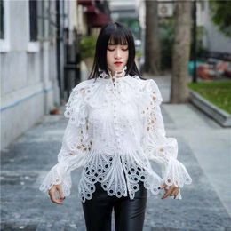 New arrival Runway Spring Sweet Ruffles Hollow Out Polka Dot Lace Shirt Women mesh lace Flare Sleeve Button Fashion Blouse Top LJ200831