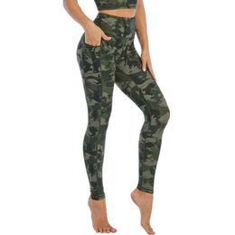 Pluz size Women green camo yoga pants fitness leggings pocket gym tights women high waist running pants workout trousers H1221