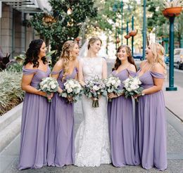 Lavendel Plus Size Eine Linie Brautjungfernkleider Langes Chiffon Spaghetti Straps Falten Country Style Hochzeitsfeier Kleid Maid of Honor Kleider
