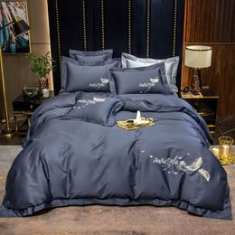 Gray Yellow White Blue Pink Purple Egyptian Cotton Feather Embroidery Duvet Cover Bed Linen Fitted Sheet Pillowcases Bedding Set T200706