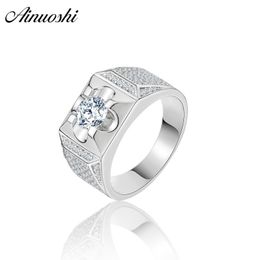 AINOUSHI Classic 925 Sterling Silver Men Wedding Engagement Ring 1 Carat Round Cut Original Male Silver Anniversary Party Rings Y200106