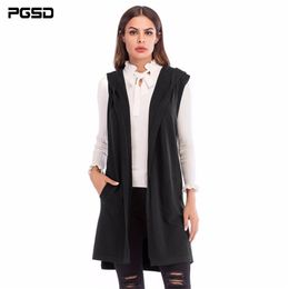 PGSD New Simple Fashion Pure Colored Women Clothes Medium-long sleeveless knitted waistcoat Hooded Cardigan Sweater coat female 201214