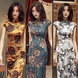 Chinese Traditional Dress Cheongsam Qipao Women Girls Party Wedding Fashion Vintage Retro Crane Floral Print Satin Short Dress LJ200827
