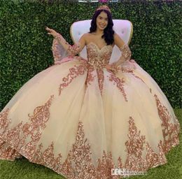 Ball Gown Quinceanera Evening Dresses With Detachable Long Sleeve Gold Sweetheart Sequins Lace Appliqued Custom Made Pageant Prom Dress