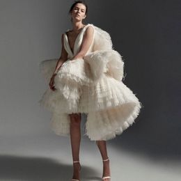 Luxury Ruffled Evening Dresses Deep V Neck A Line Tulle Feather Short Prom Gowns Tiered Skirts Custom Made Women Dress