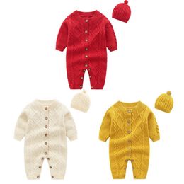 Baby Clothes Beige Twist Knitted Infant Girls Jumpsuit Baby Boy Romper Caps 2PCS Set Winter Warm Newborn Sweater Outfit 3 Colours BT4595