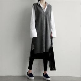 Korean INS wind sweater vest short front and back long vest skirt knitted V-neck thickened mid-length sweater skirt 201130