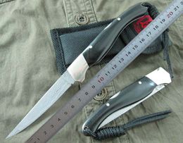 1Pcs New 7.5 Inch Damascus Pocket Folding Knife VG10 Damascus Steel Blade Ebony + Brass Head Handle EDC Knives With Nylon Bag
