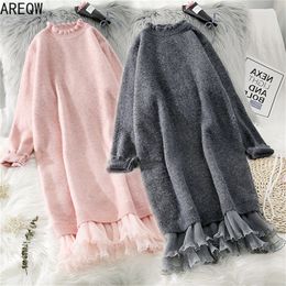 Women Autumn Winter Elegant Knitted Sweater Dress Female Thicken Warm Long Sleeve Casual Knee Dresses H241 201028