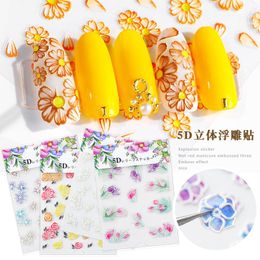 5D Self-Adhesive Nail Stickers Fashionable Stereoscopic Engraved Flowers Manicure Decals for Art Design