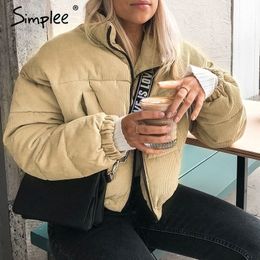 Simplee Casual drawstring corduroy thick parka Winter warm soft padded coat Women khaki lapel streetwear fashion overcoat 201019