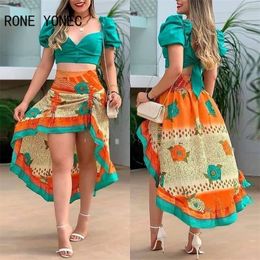 Women All Over Print Puff Sleeve Cropped Top With Skirt Sets Casual Suit 220302