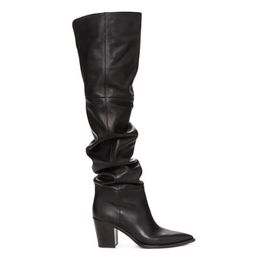 Winter Over the Knee Boots Women Natural Genuine Leather Thick High Heel Thigh High Boots Pleated Long Shoes Ladies Fall