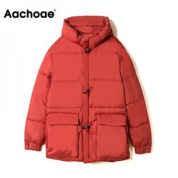 Aachoae Long Sleeve Solid Casual Woman Parkas Thicken Warm Hooded Coat Winter Autumn Zipper Pocket Loose Coats Femme Veste 201027