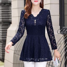 2019 New Long Sleeve Solid Lace Blouse Women Shirt OL Sexy Floral Plus Size Pullover Lace Women Shirt Tops Camisas Mujer 50 T200321