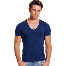 Solid V Neck T Shirt for Men Low Cut Stretch Vee Top Tees Slim Fit Short Sleeve Fashion Male Tshirt Invisible Undershirt Summer G1222