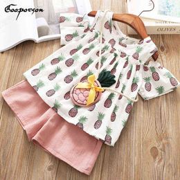 Summer New Kids Girls Clothes Set with Bag Pineapple Off The Shoulder Top&Shorts for Girl's Kids Clothing Cute Girl Outfits G220310