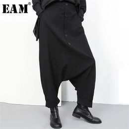 [EAM] 2020 New Spring Autumn High Elastic Waist Black Button Split Joint Wide Leg Long Loose Pants Women Trousers Fashion LJ200813