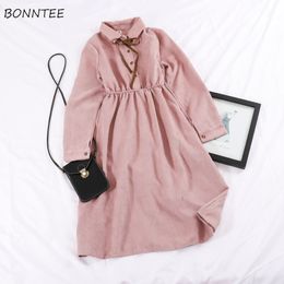 Long Sleeve Dress Women Solid Bow Buttons Elegant Sweet Girls Womens Clothing Korean Style Harajuku All-match Student Streetwear Y0118