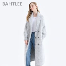 BAHTLEE Women Angora Double Breasted Long Coat Sweater Winter Wool Knitted Cardigans Jumper Turn Down Collar Lantern Sleeves \ 201031