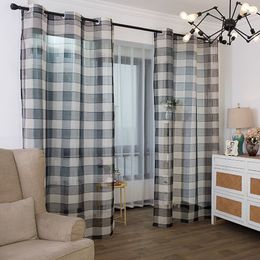 Retro Deco Home Geometric Cheque Style Sheer Window Curtain Pencil Pleat Grommet Top for Living Bedroom LJ201224