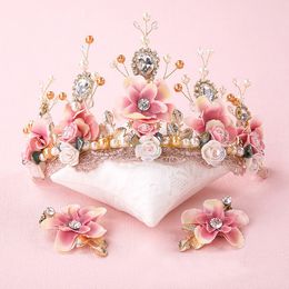 Sweet pink bride handmade beaded lace tiara corone crown tocados para novias ceramic flower hair headdress J0121