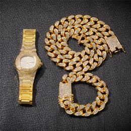 3pcs Set Mens Hip Hop Bling Chains Jewellery Gold Plated Iced Out Diamond Miami Cuban Chain Necklace & Bracelet & Watch Set