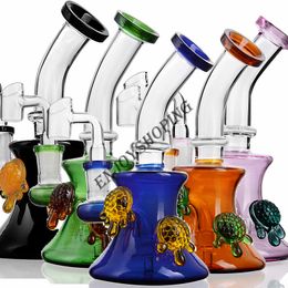 Colorful Turtle Beaker Bong Bent Neck Smoking Pipe Pyrex Hand Pipe Dry Herb Handle Glass Recycler Dab Rig Showerhead Perc Hookah