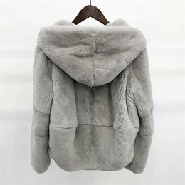 whole skin natural real Rex fur coat clothing women's winter hooded short jacket long-sleeved outerwear coat large size 201103