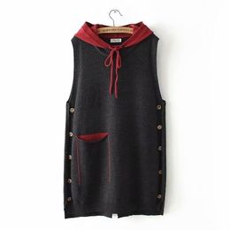 Autumn Pocket Button Casual Knitted Vest Women Sweater Winter Warm Hooded Loose Waistcoat Sleeveless Jacket Outerwear 4XL 201102