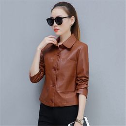 Leather Jacket Women Caramel 3XL 4XL Plus Size Short Slim PU Coat New Spring Autumn Korean Fashion Chic Moto Clothing LJ200825