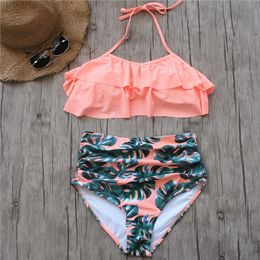 Bikini Set Double Ruffle Swimwear Women Sexy Swimsuit Off Shoulder High Waist Swim Wear Beach Bathing Suits Plus Size 3XL T200708