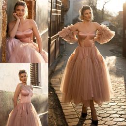 Stylish A Line Short Prom Dresses Strapless Neck Pleated Party Gowns With Detachable Sleeves Ankle Length Tulle Homecoming Dress